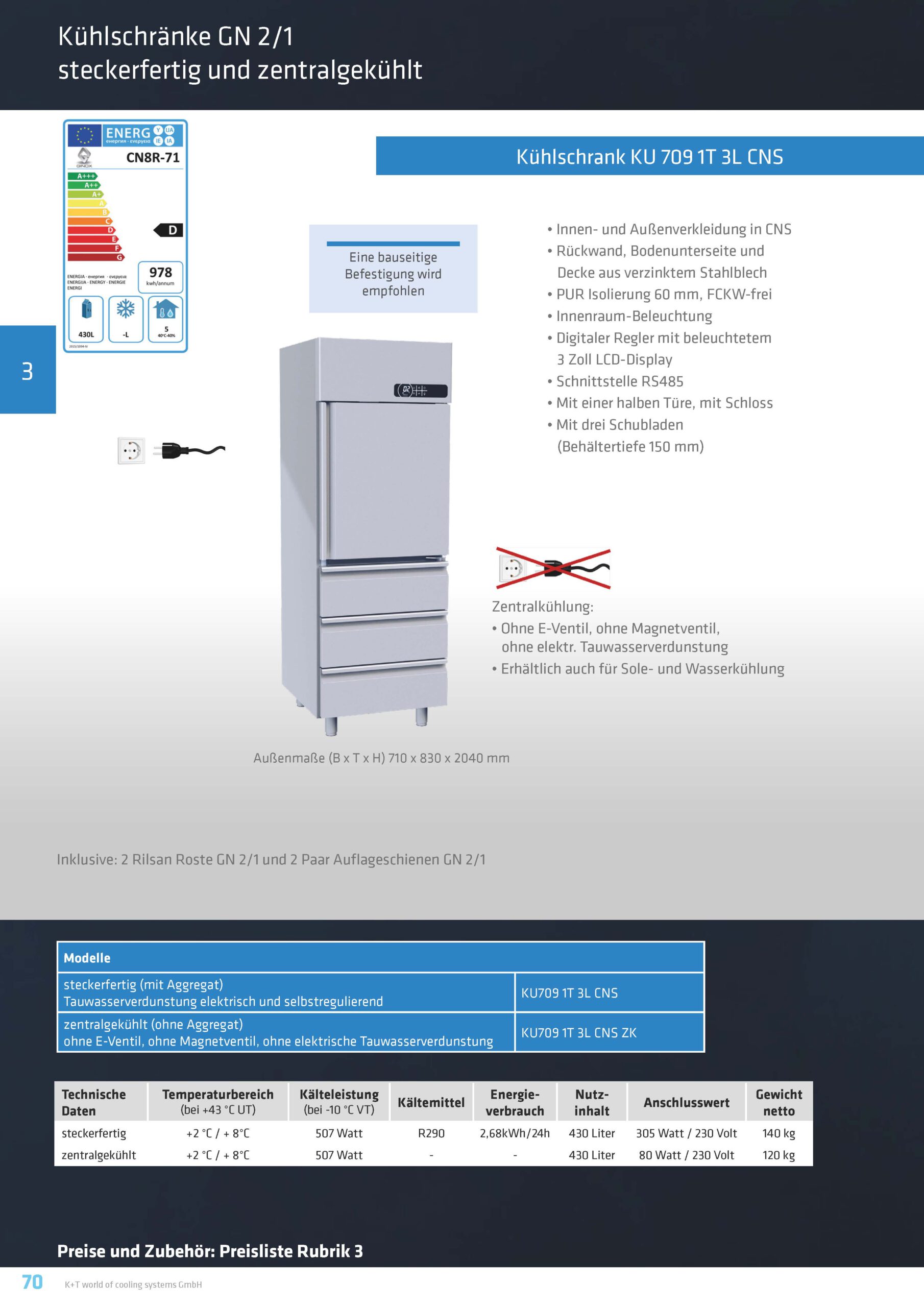 Kühlschränke GN 2_1 Kühlschrank mit ½ Tür und 3 Schubladen